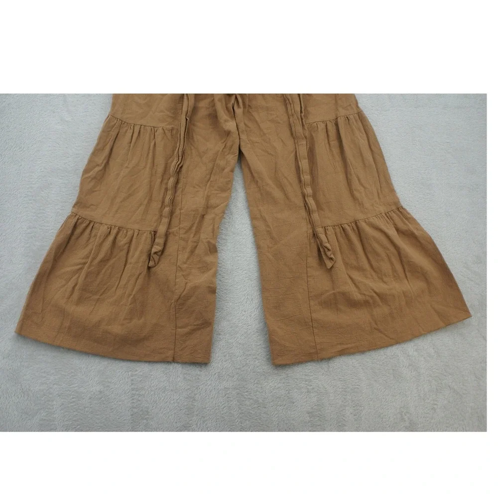 Womens Camel Brown Tiered Wide Leg Smocked Waist Boho Flowy Palazzo Pants Medium - Picture 9 of 10